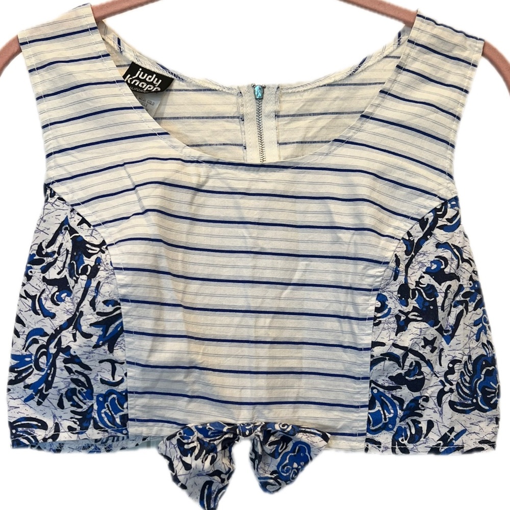 Vintage Judy Knapp Striped & Floral Crop Top Bow Zip Back Blouse Y2K SZ S/M
